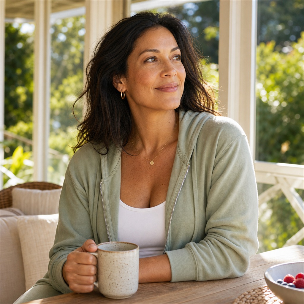 Woman in workout clothes stretching outdoors in morning light